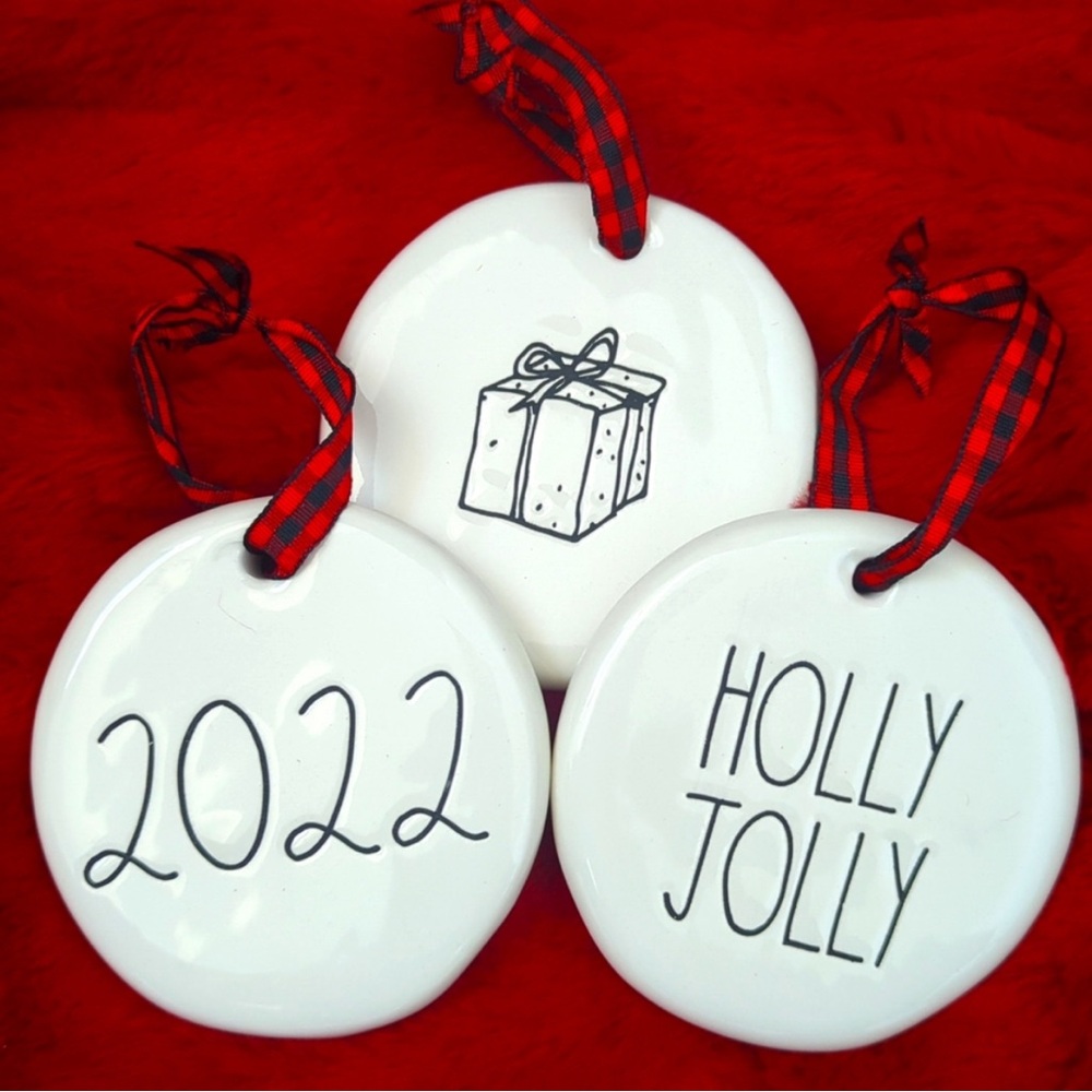Rae Dunn Christmas Tree Decorations 2022 Holly Jolly Gift 3” Ceramic Ornaments